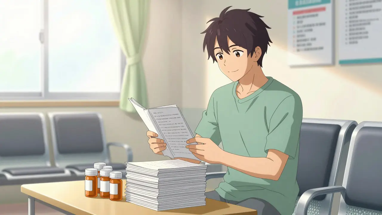 Person reviewing symptom journal in clinic waiting area