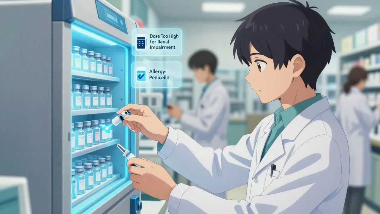 Pharmacist and technician performing a dual-check on insulin vials with floating safety alerts.