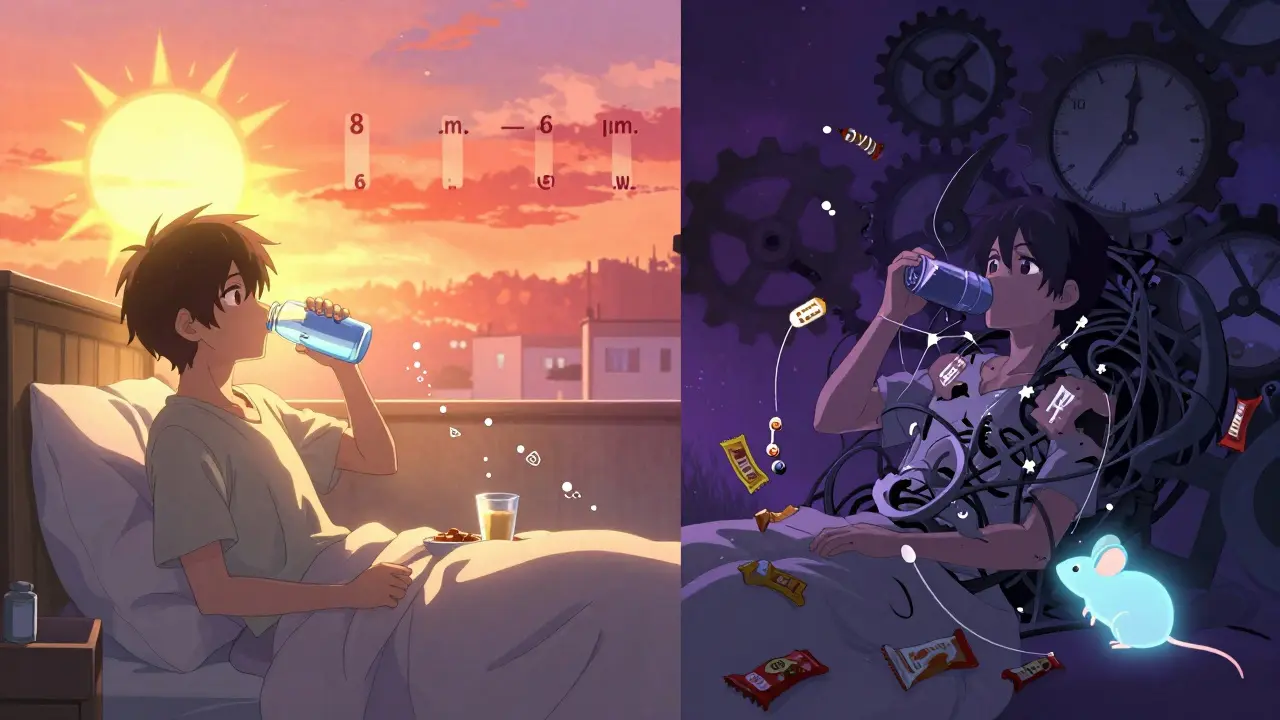 Split scene: morning person eating in sunlight vs. midnight snacker crushed by tangled clock gears.