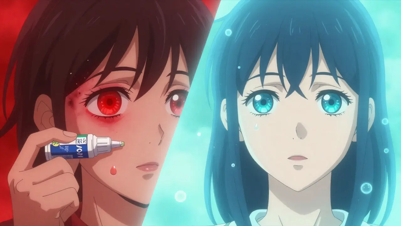 Split scene: one eye worsening with redness drops, another healing with hydrating gel drops and glowing moisture.