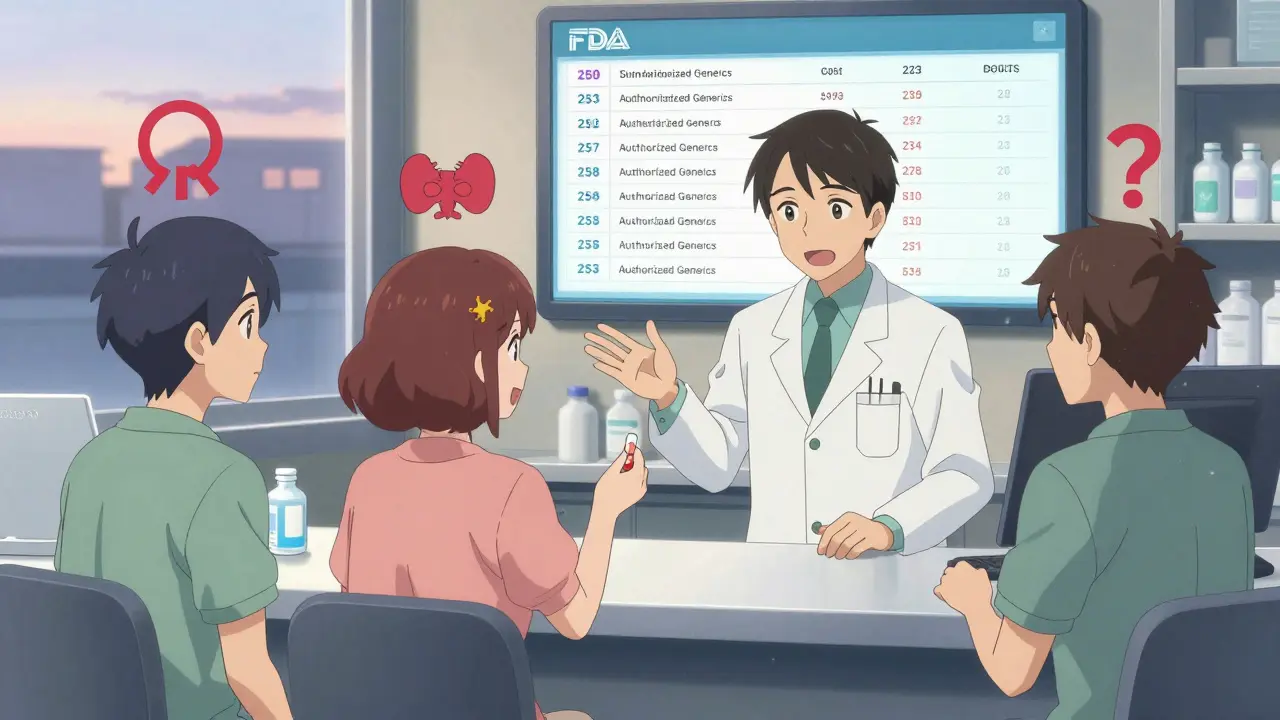 Three patients receiving authorized generics at a pharmacy counter, with FDA list visible in background.
