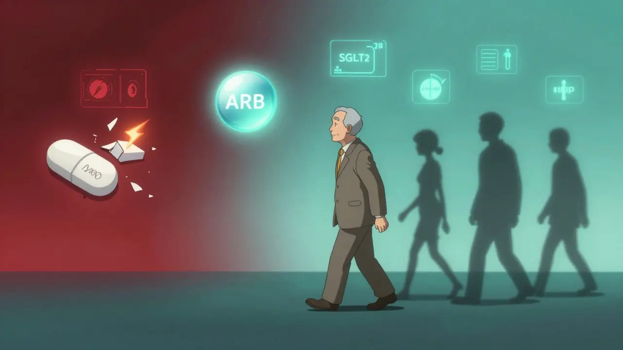 Timeline of RAS blocker evolution from dangerous combo to safer single-agent therapy.