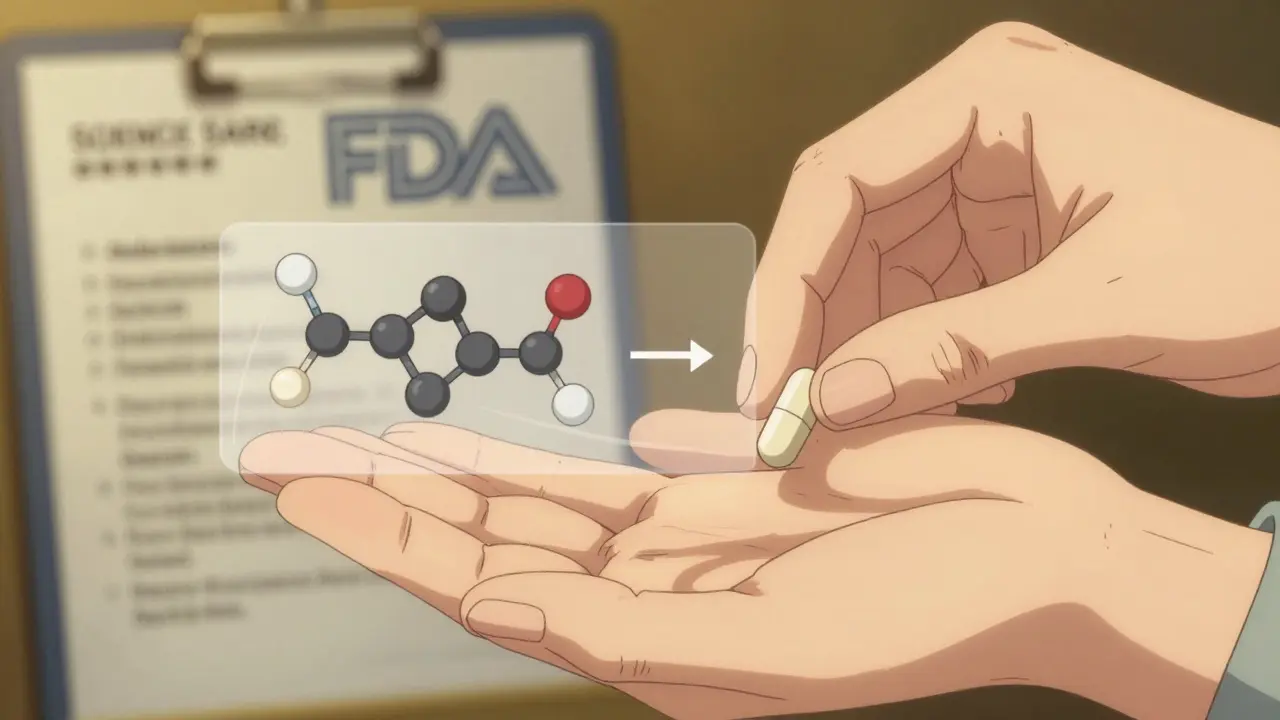 Transparent molecular structure showing perfect match between branded pill and authorized generic in patient's hand.