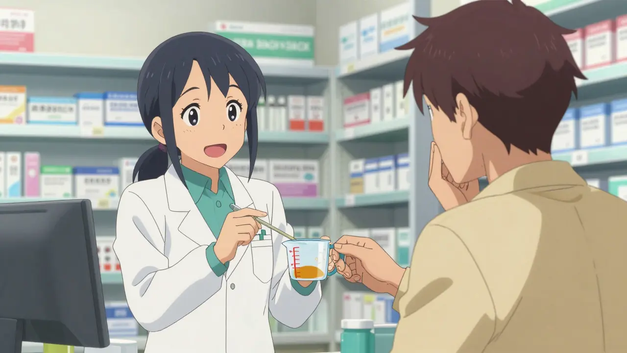 A pharmacist explaining medication dosage to a parent in a pharmacy.