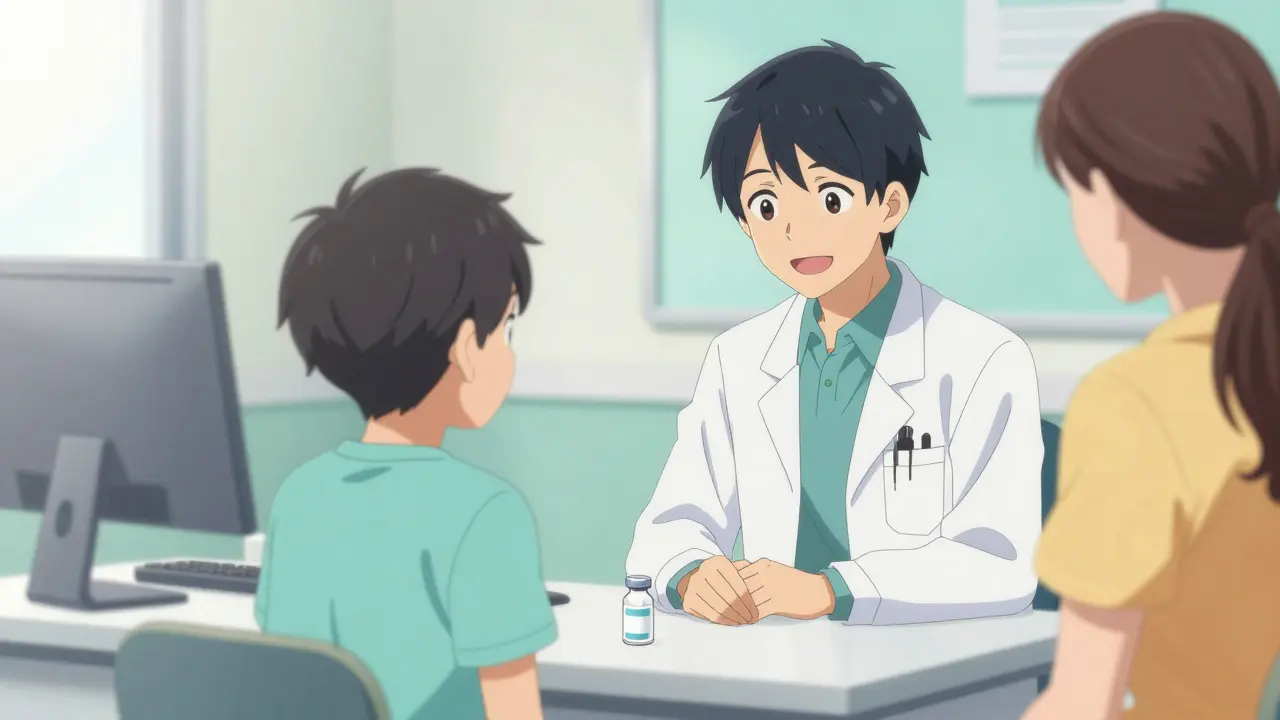 Anime scene of a doctor talking to a child and parent about vaccination in a clinic.