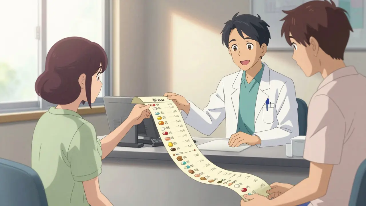 Anime scene of a patient showing a comprehensive medication list to their doctor.