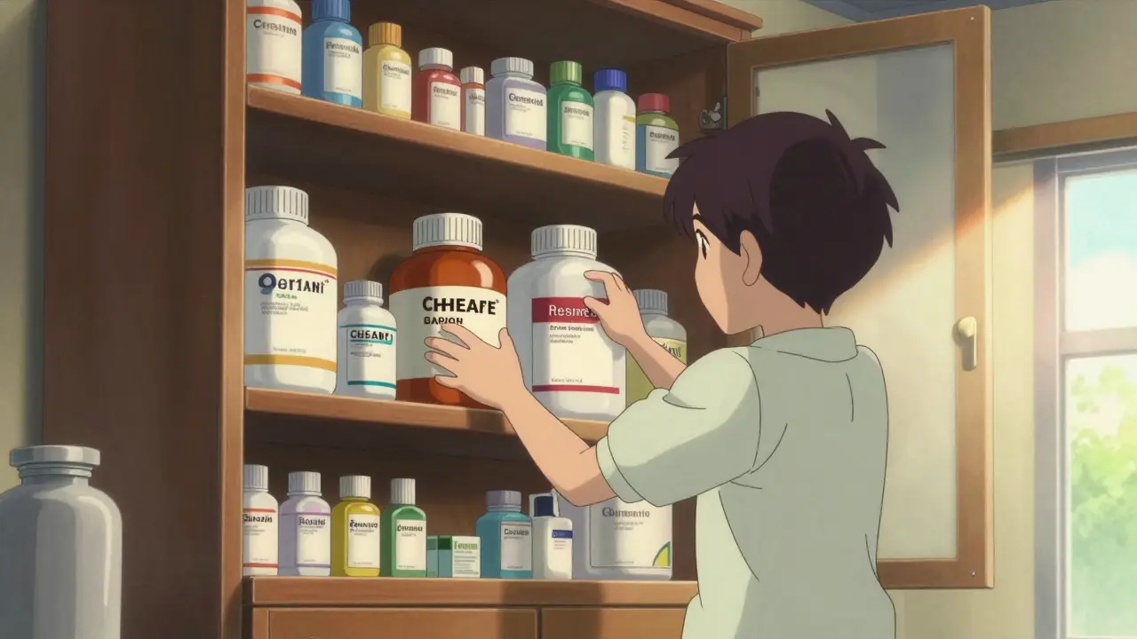 Character organizing bulk generic medicine bottles in a brightly lit home cabinet