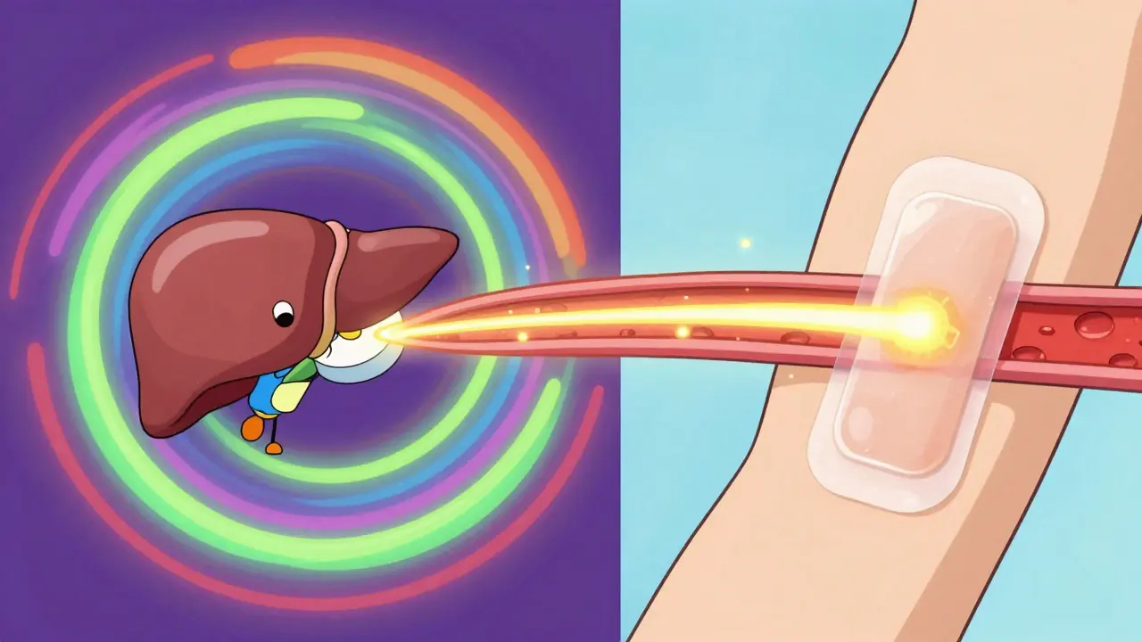 Comparison between oral medication passing through the liver and a skin patch absorbing directly.