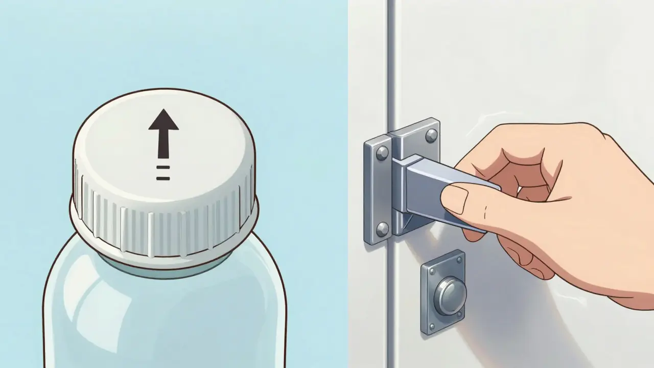Comparison of a child-resistant cap and a magnetic cabinet lock in anime style