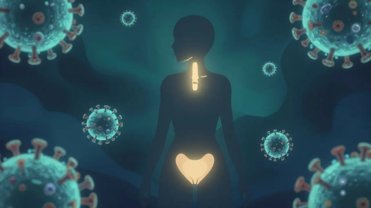 Conceptual anime illustration of glowing virus particles near a human silhouette.