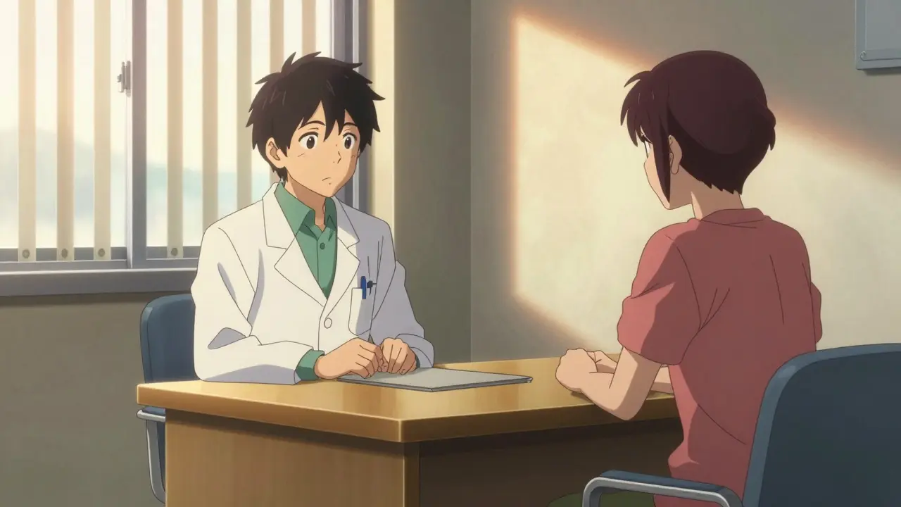 Doctor and patient talking seriously in a consultation room.