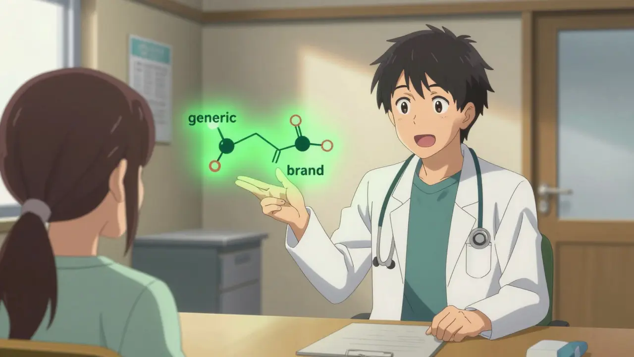 Doctor explaining bioequivalence to a patient using two identical glowing chemical molecules.