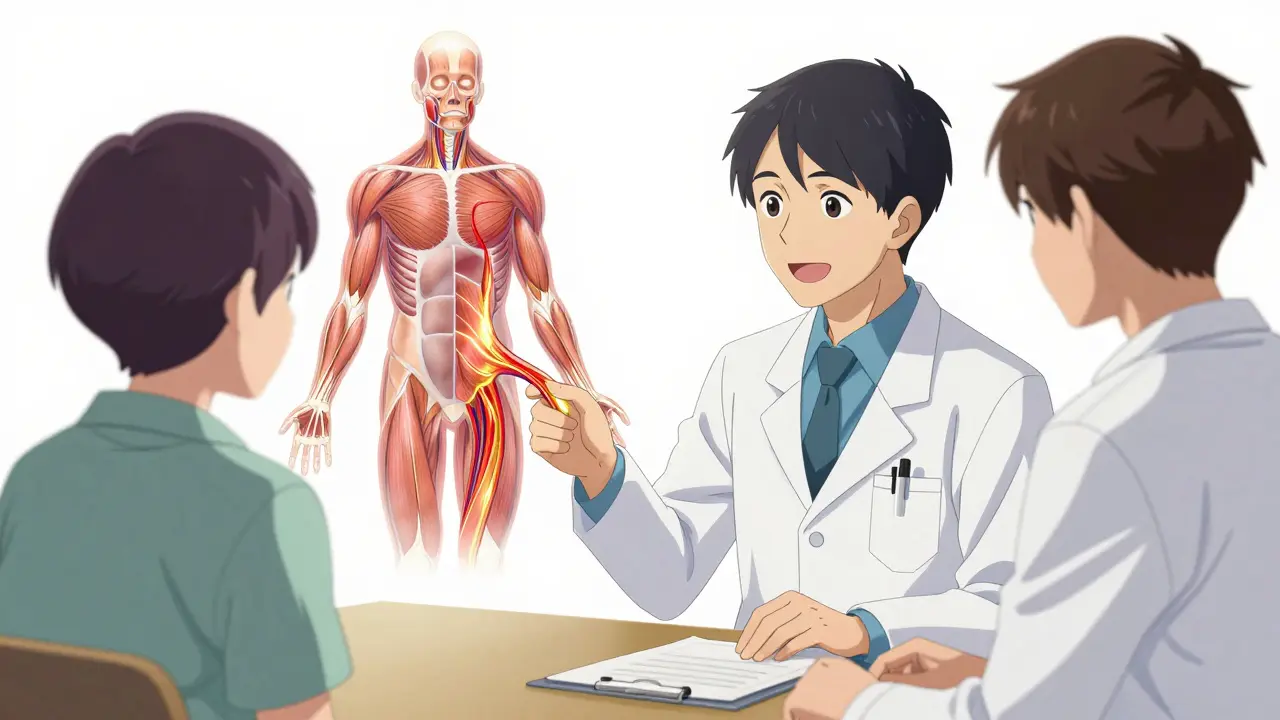 Doctor explaining healing process with a conceptual diagram of blood flow and muscle relaxation