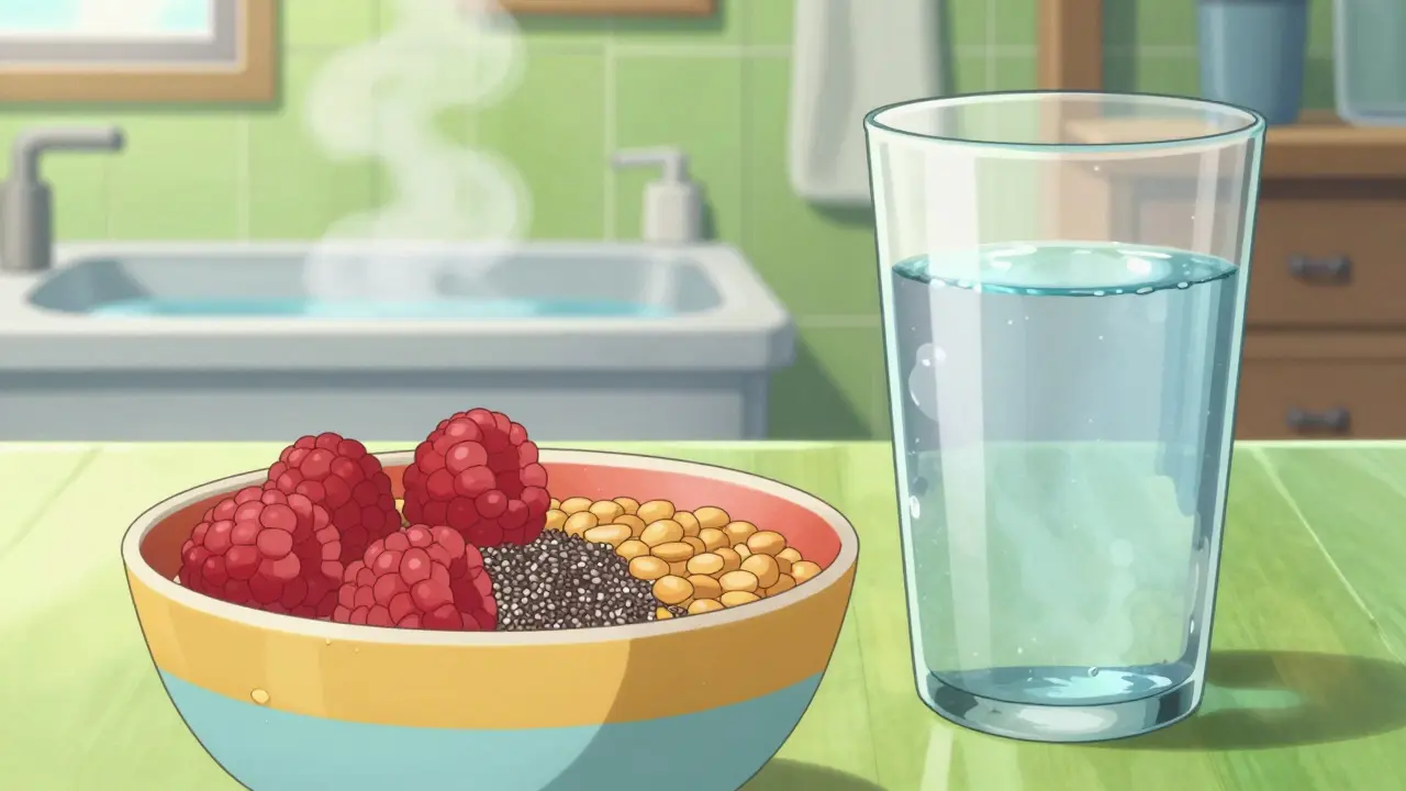 Healthy bowl of fiber-rich seeds and berries next to a glass of water and a steaming bath
