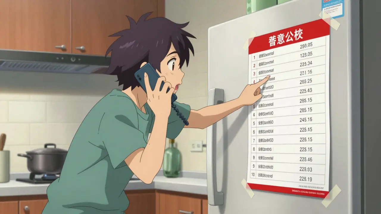 Parent calling Poison Control using a number on the fridge in anime style
