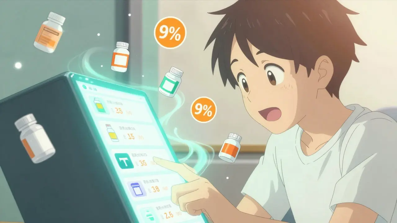 Person using a digital device to compare medicine prices with colorful floating icons