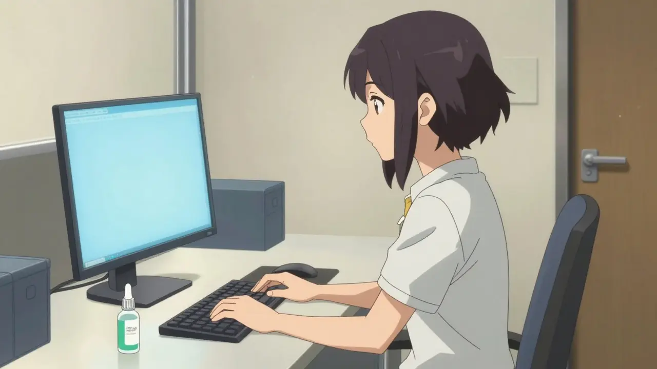 Person using an ergonomically correct computer setup with a monitor at the proper distance and height.