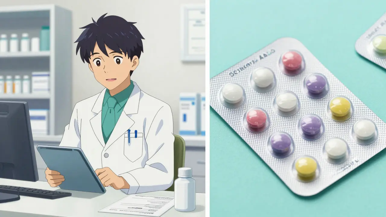 Pharmacist verifying a prescription next to medication pills in anime style