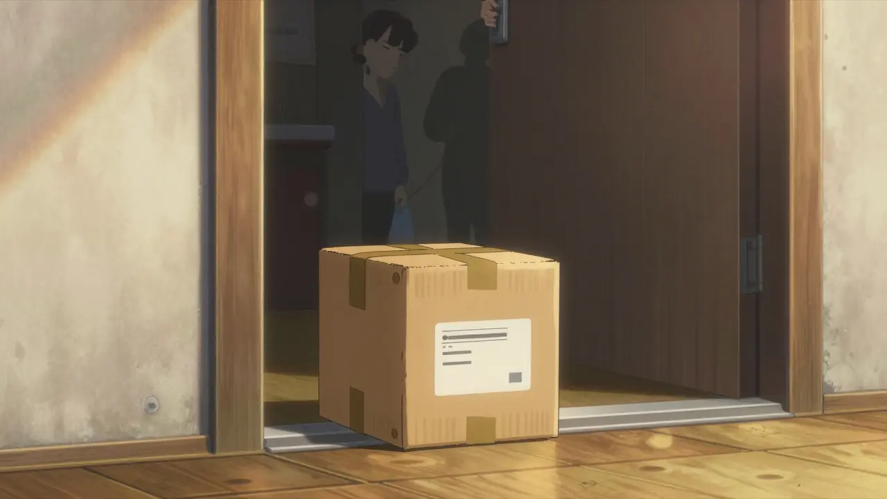 Pharmacy delivery package on a doorstep in warm golden afternoon light