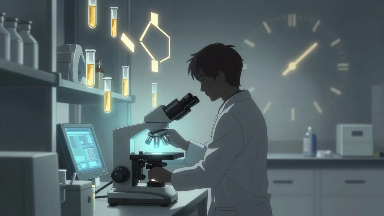 Researcher holding a vial in a lit laboratory with time motifs.