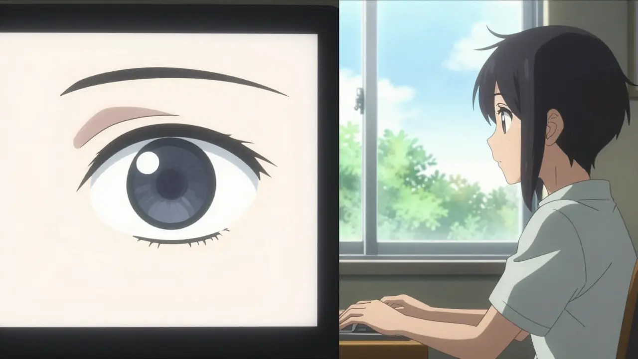 Split scene showing an eye staring at a screen versus a person looking at a distant tree for a break.