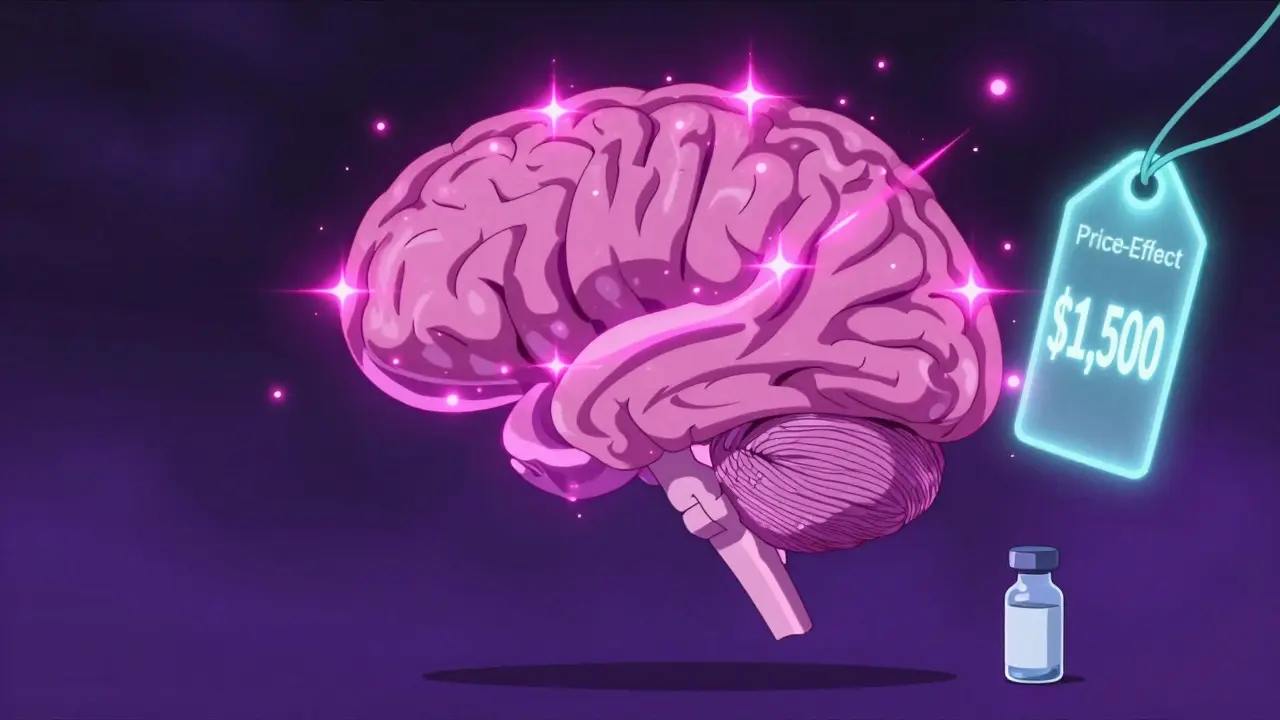 Stylized brain scan showing a dopamine surge triggered by a high price tag on medication.