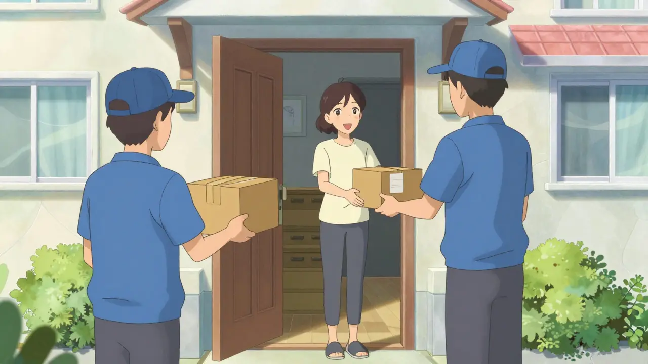 Woman receiving a medical delivery package at her home in anime style